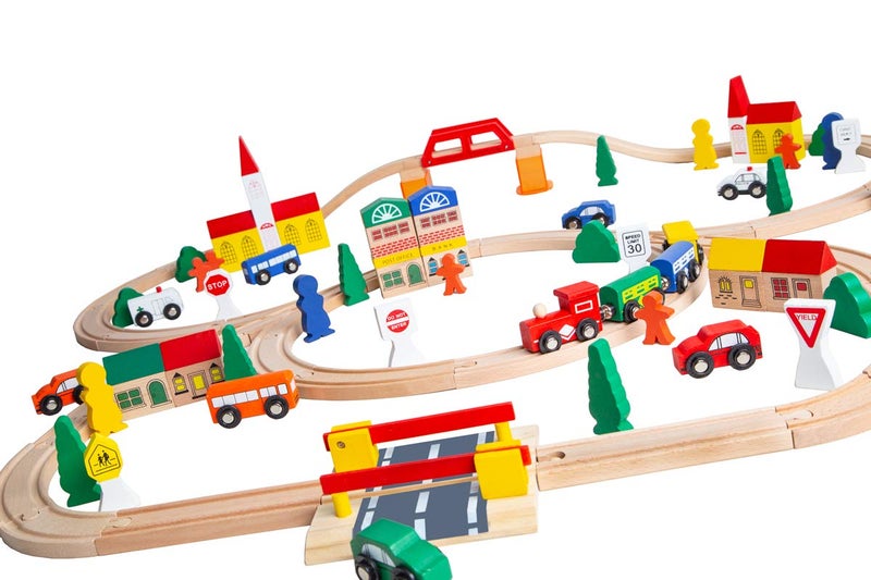 ORBRIUM Wooden Train Set 100 pcs Triple Loop Magnetic Trains with Wooden Tracks Compatible with Thomas The Tank Engine Brio Melissa Gift for Toddler Kids Boys Girls Age 3+ STEM Montessori Toys City - Image 1